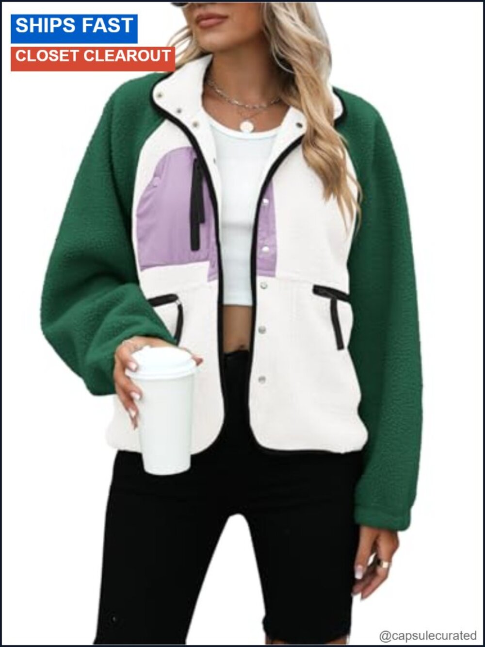 Sherpa Fleece Button Down Crop Jacket Fuzzy Sweater Coat